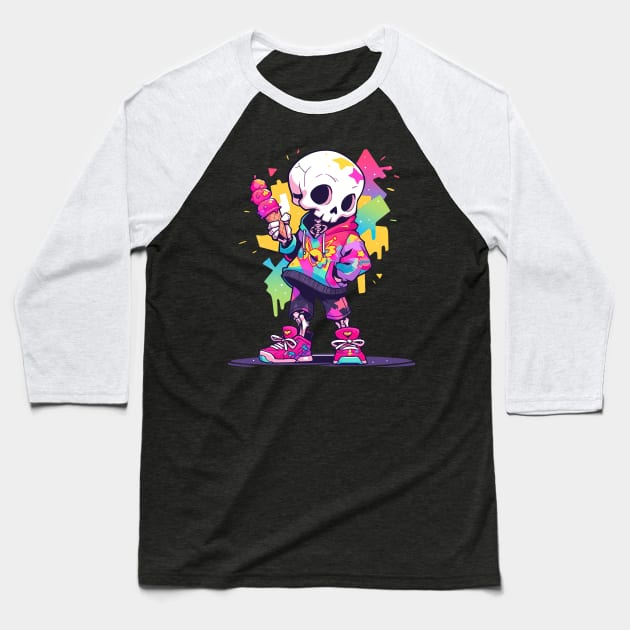 Cute and Creepy Fun Skater Skeleton Pastel Goth Design Baseball T-Shirt by The Little Store Of Magic